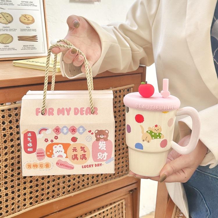 Apple Mug with Lid with Straw Cup Ceramic High Looking Girl's Heart Cup for Birthday Gift