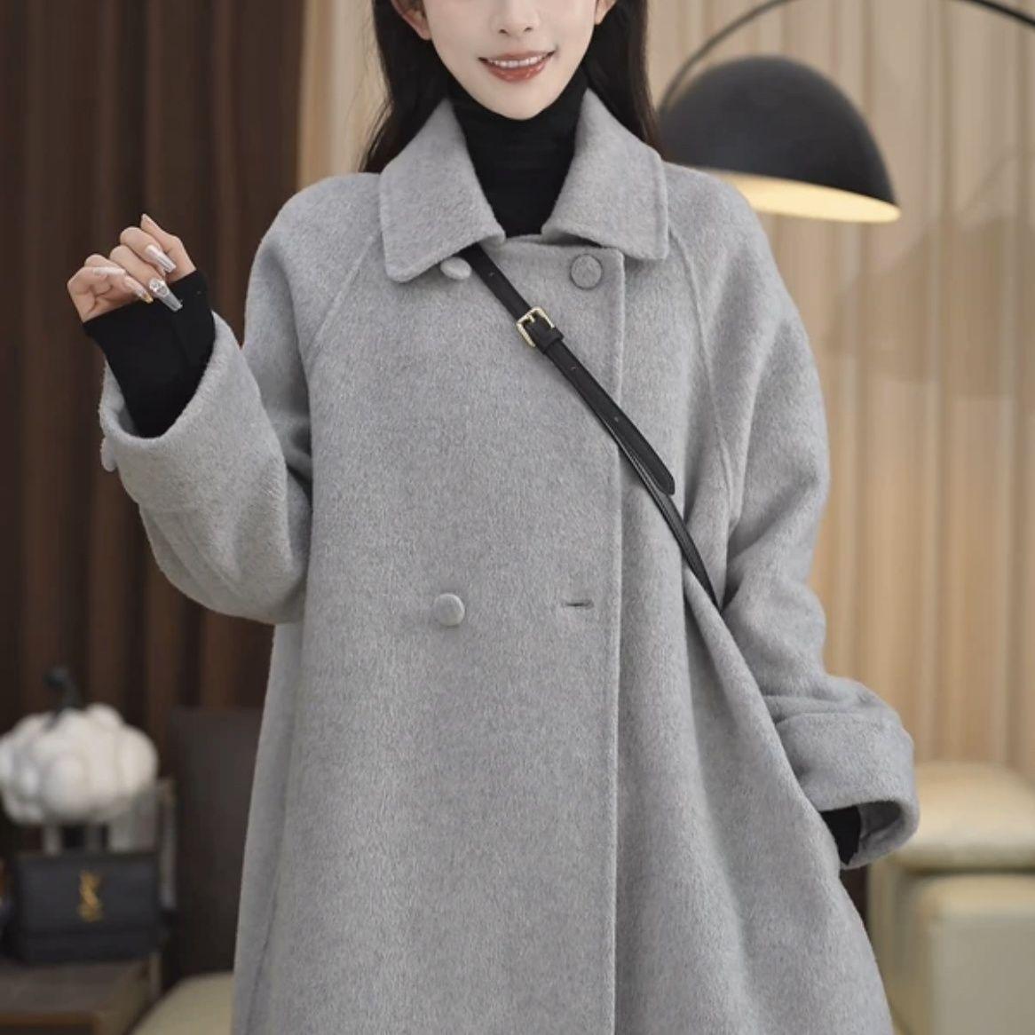 

2025 Korean Style Loose Slimming Mid-Length Wool Women s Coat for Autumn/Winter L светло-серый