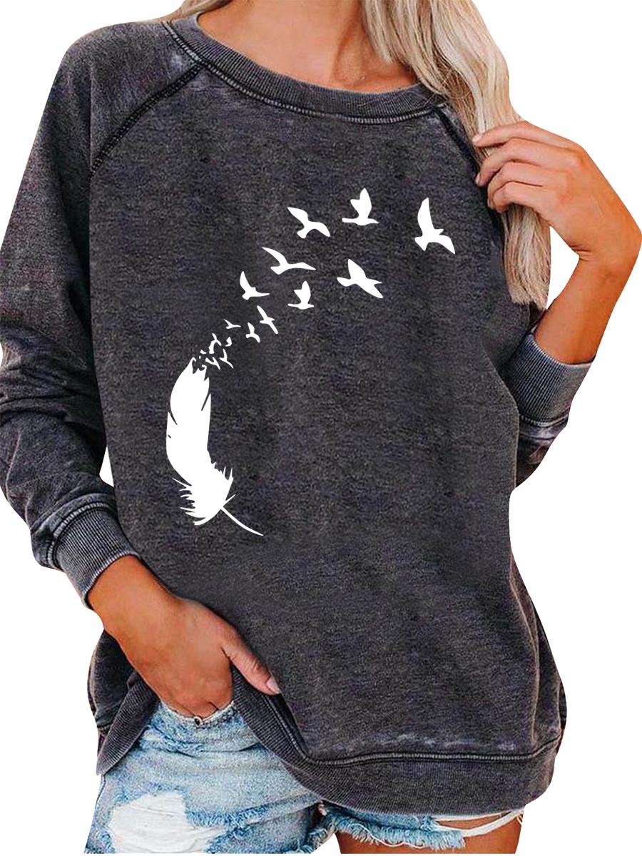 

Women s Loose Pullover Sweatshirt Spring/Fall Fashion Print Top 3XL серый