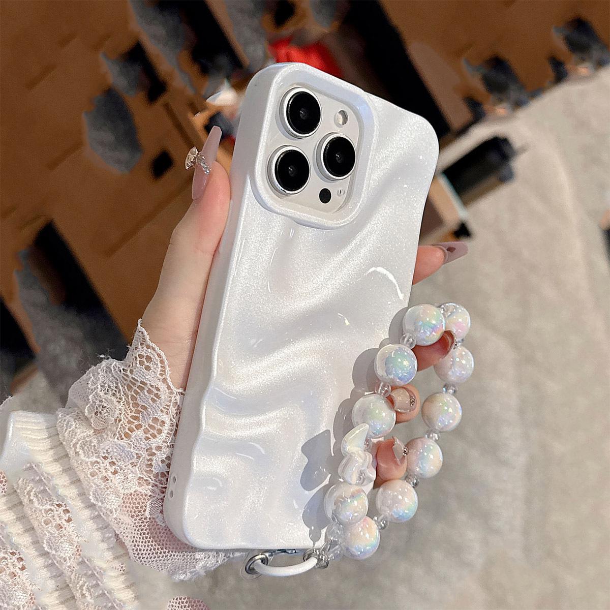 

Korean-Style Cream Wave Shell Phone Case for iPhone 16 Pro Max/15/14/13 with Chain iPhone 17 белый