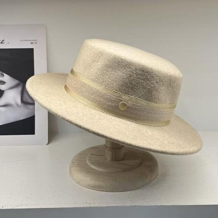 French Hepburn Style Light Luxury Versatile British Flat Top Australian Wool Top Hat Women's Autumn and Winter Outdoor Leisure Elegant Hat