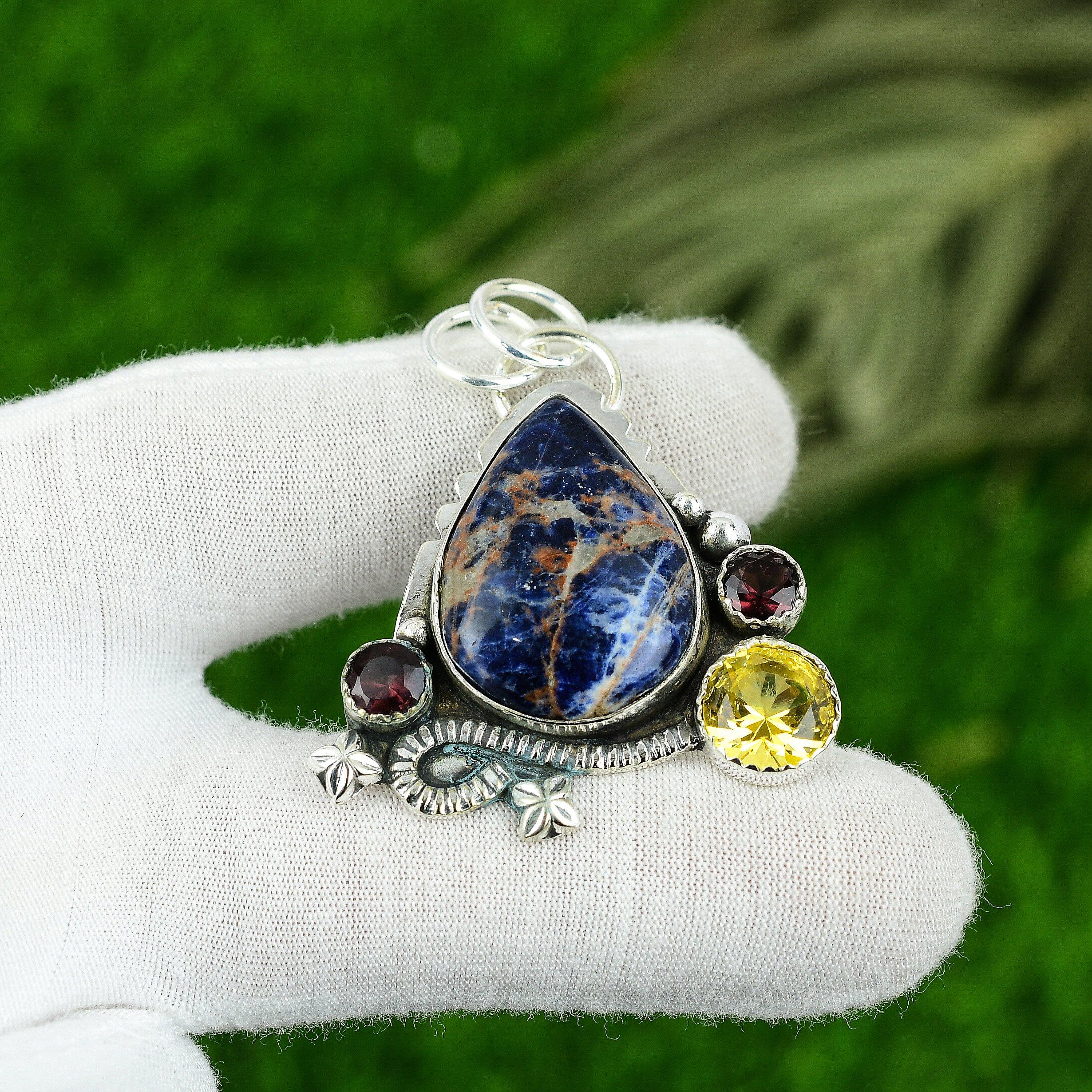 Womens day Sale Natural Sodalite Citrine 925 Sterling Silver New Pendant Jewelry
