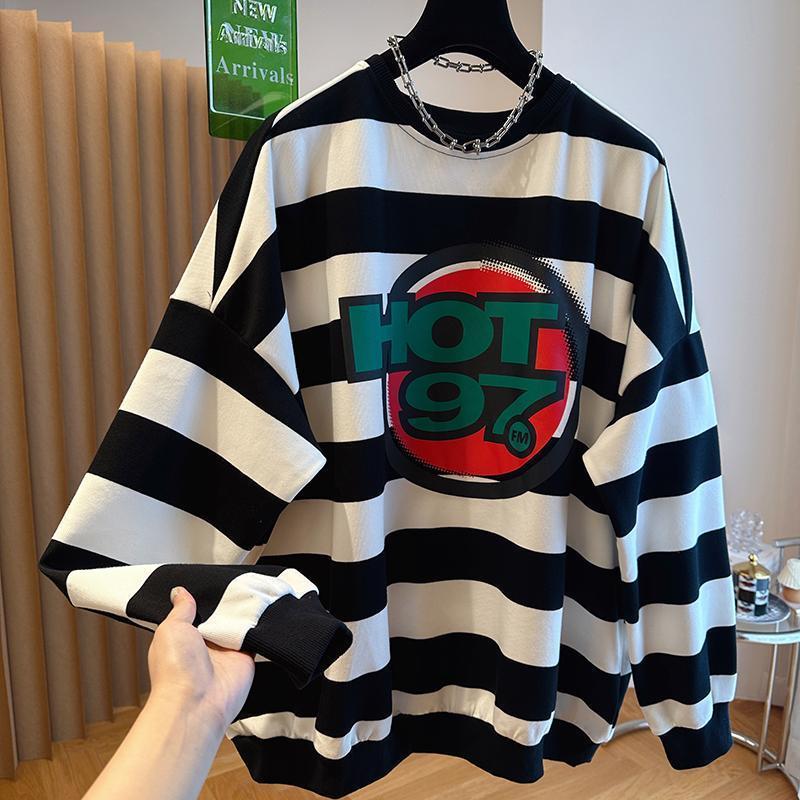 Koreanisches lockeres lässiges Lazy-Style-Streifen-Rundhals-Sweatshirt für Damen Herbst Vielseitiges langärmeliges Oberteil