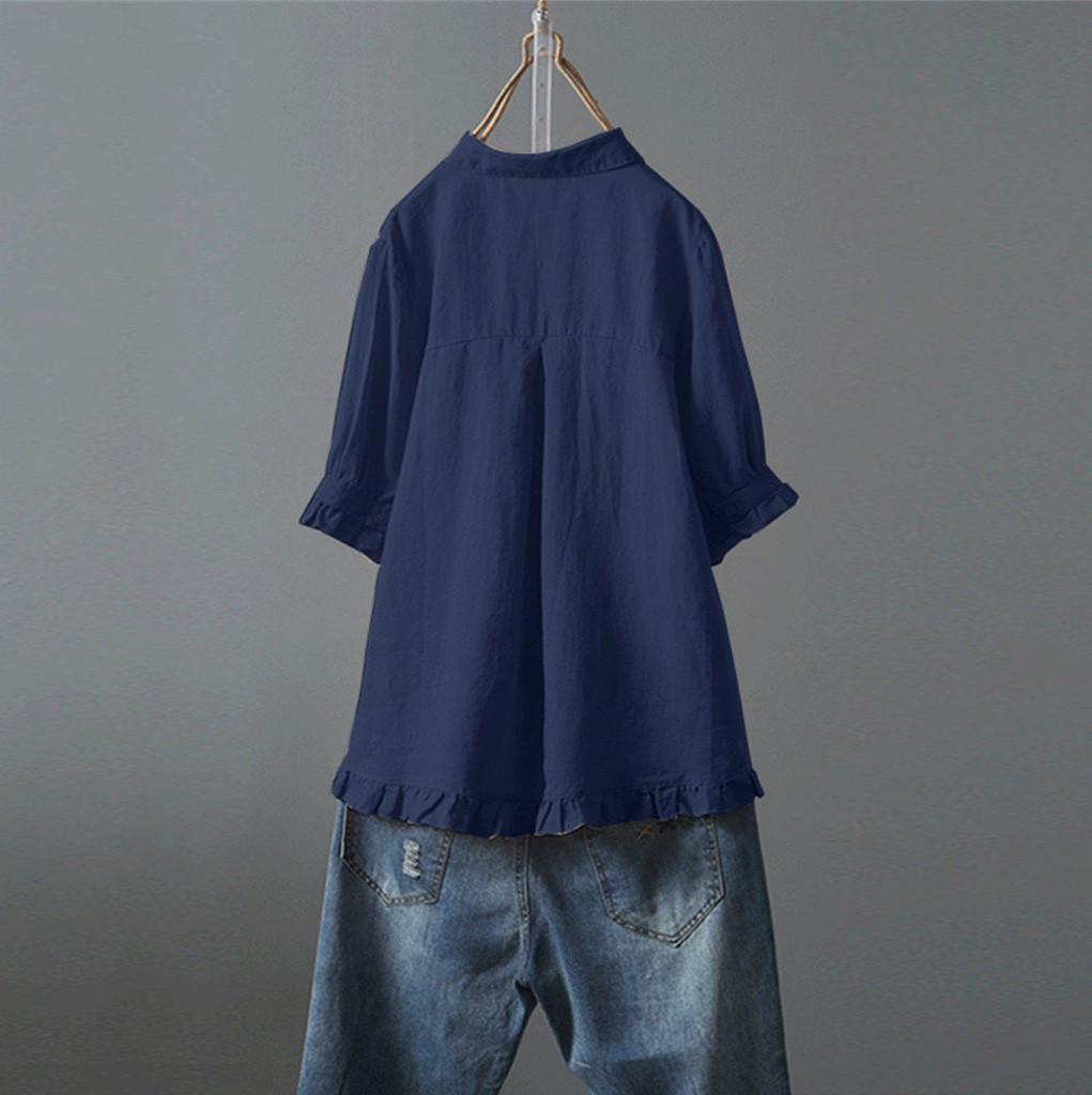 Women Lace Button Turn Down Collar Middle Sleeve Color T-Shirt Top Blouse