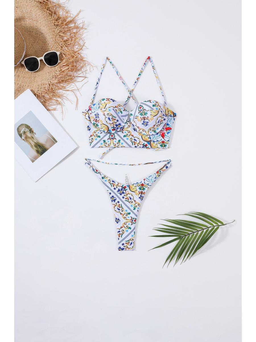 

Тропический цветочный принт, бикини с жесткими чашками DY016 Large белый