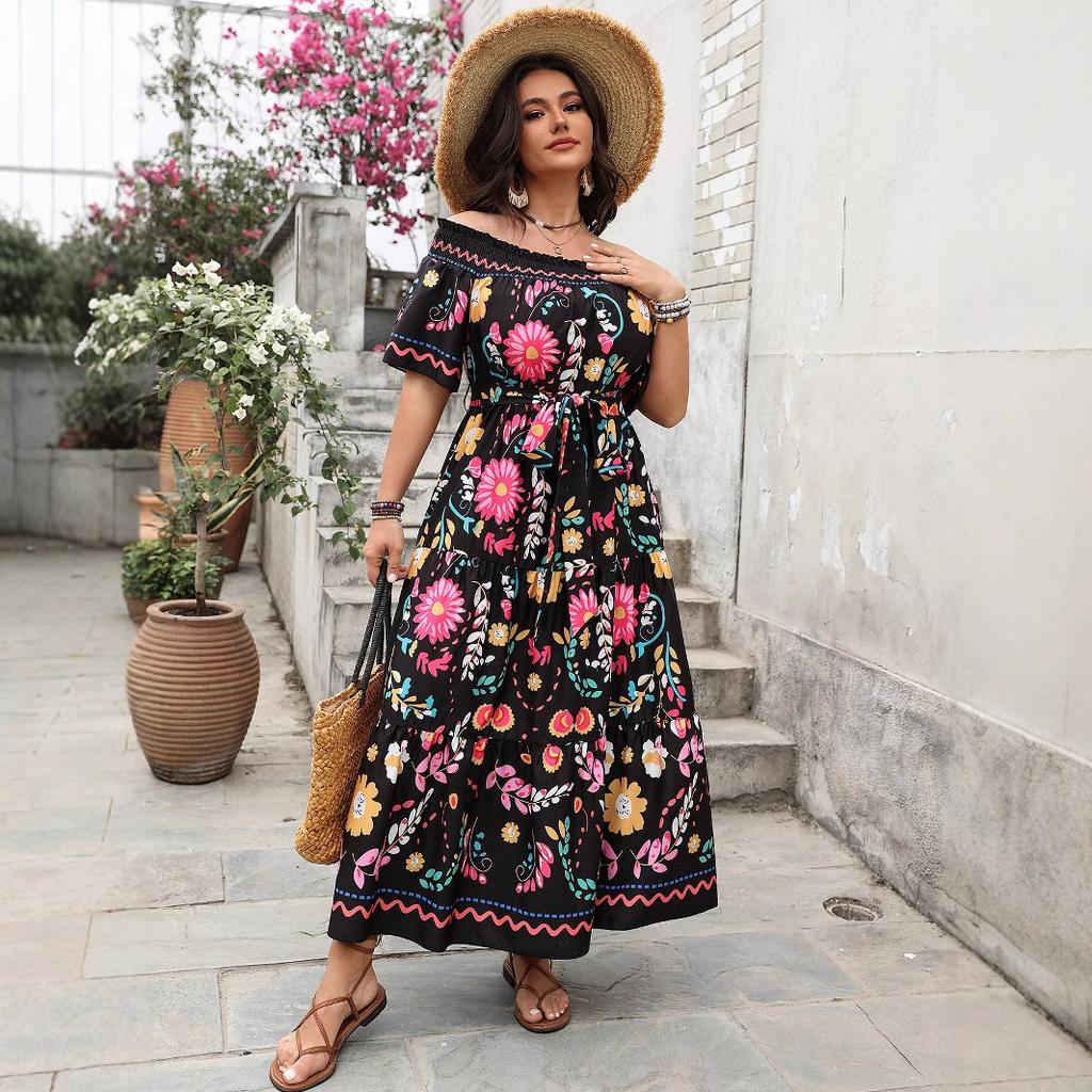 Frühlings- und Sommer-Damenkleid mit Temperament, Farbkontrast, Druck, Einreiherkragen, Kurzarm