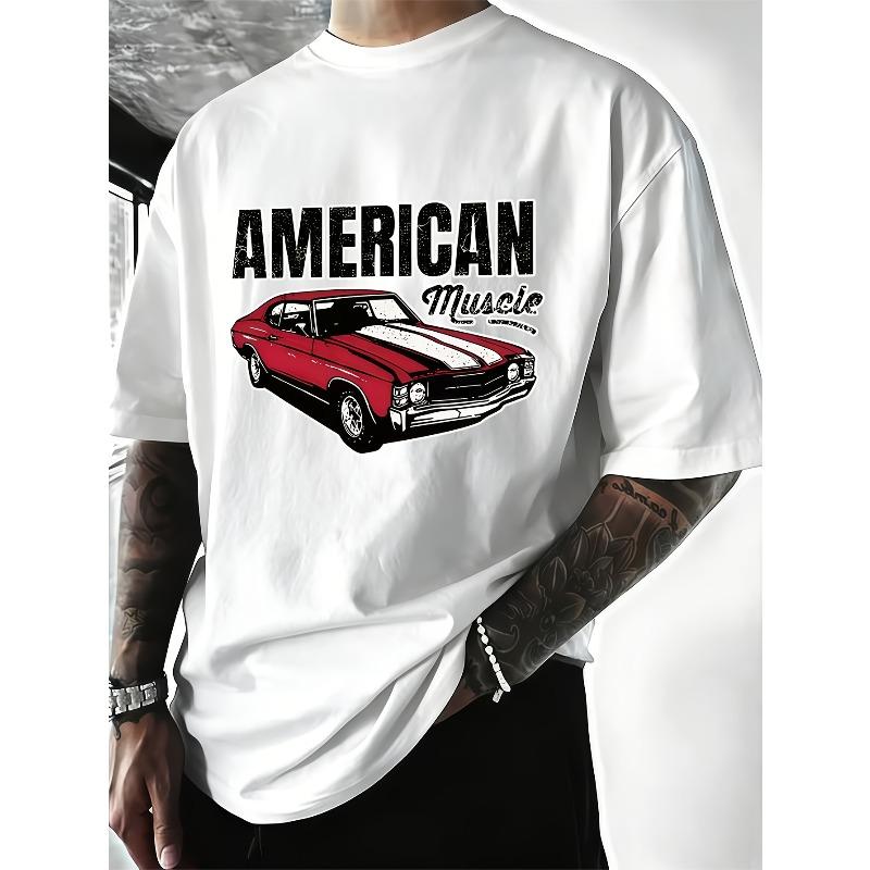 European Sizes Men's Plus-Size Retro American Muscle Car T-Shirt - Vintage Auto Print Round Neck Casual Tee Suitable for Daily Wear