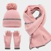 Color-blocked Bright Yarn Fur Ball Knit Three-piece Set, Flanged Knit Hat, Long Scarf, Fingerless Gloves, Winter Warm Set
