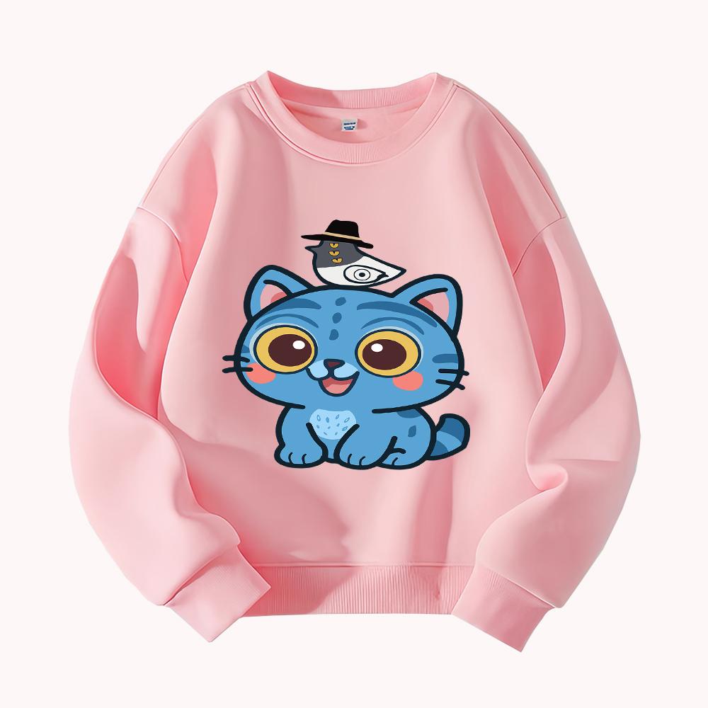 Cute Blue Cat with Hat Print Kids Sweatshirt Toddler Boys Girls Casual Long Sleeve Pullover Autumn Winter Clothes
