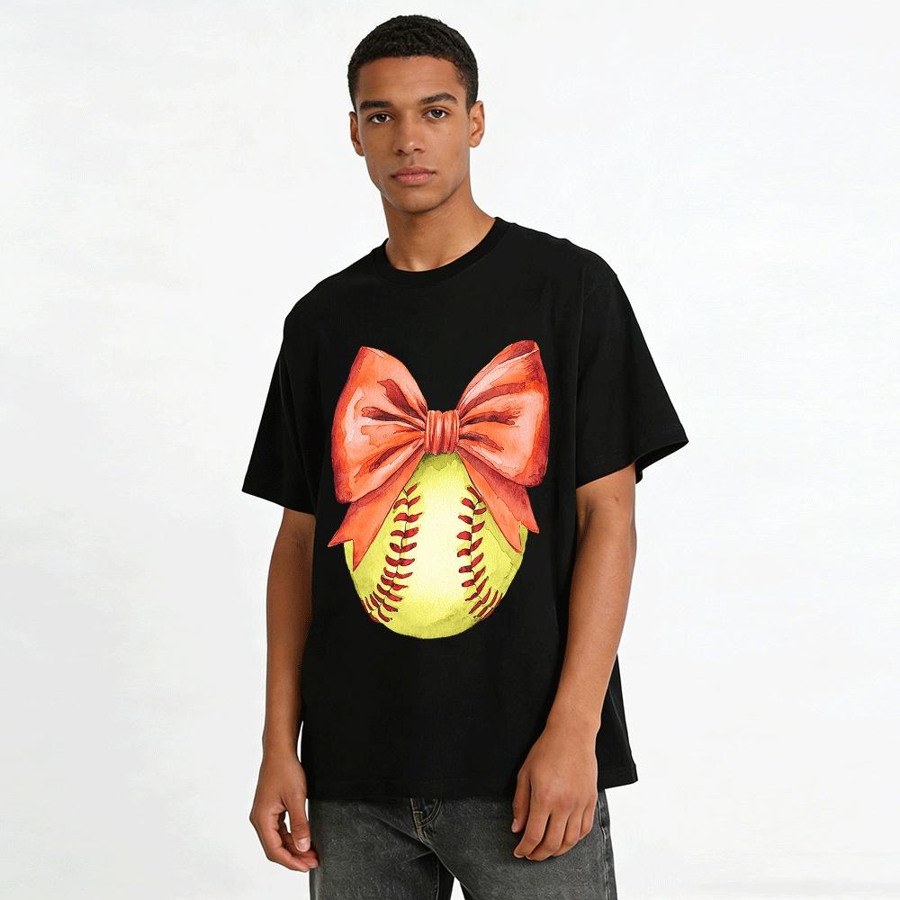 Softball Bow Print Casual Crewneck Tee For Sports Fans Pure cotton T-shirt