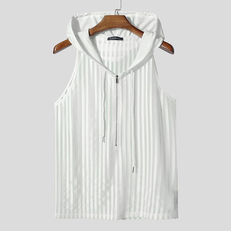 

INCERUN Men Hooded Tank Tops Sleeveless Striped See Through Transparent Tee M белый
