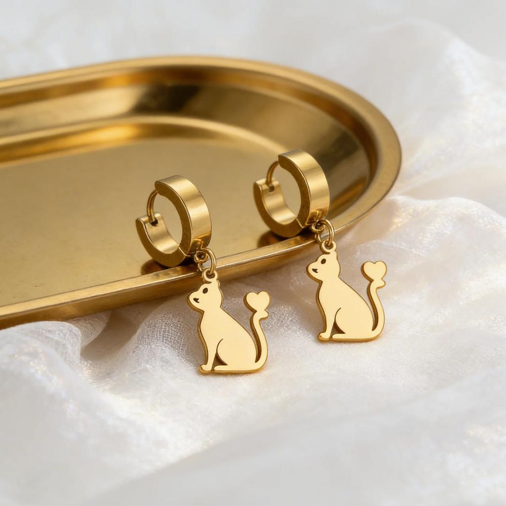 Cute Cat Kitten Heart Drop Earrings for Women Girls Stainless Steel Gold Color Hoop Earring Fashion Jewelry Gifts for Pet Lover