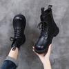 Women Genuine Leather Boots Chunky Platform Square Toe Side Zipper Ankle Boots For Women Winter Warm Lace-up Shoes