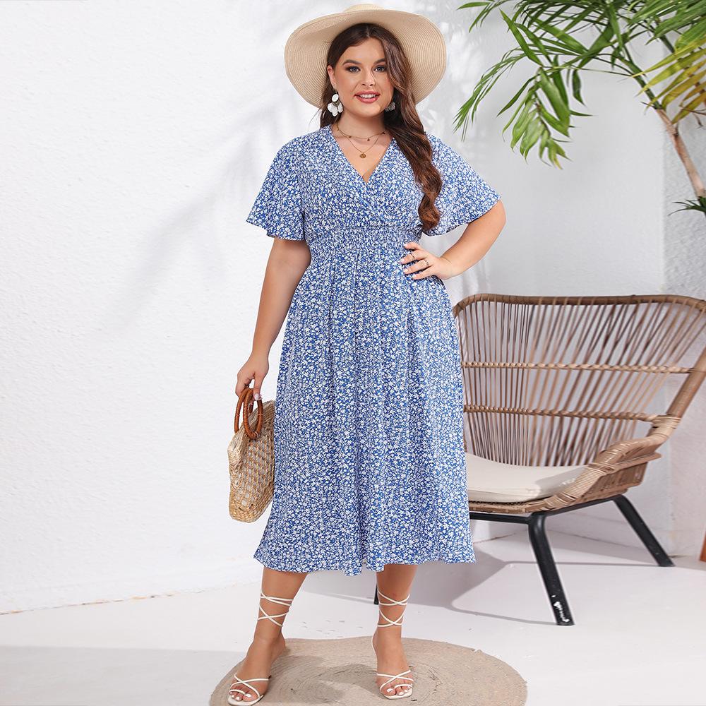 

Летние платья большого размера, женское облегающее платье с v-образным вырезом и цветочным принтом, элегантное платье больших размеров с короткими рукавами