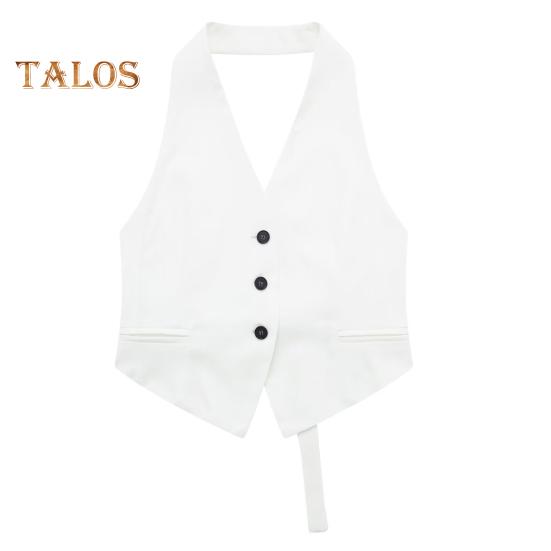 

Летний женский жилет с бретелькой на шее, без рукавов, однобортный, однобортный, однотонный, с карманами, кардиган, деловой стиль, деловой жилет M