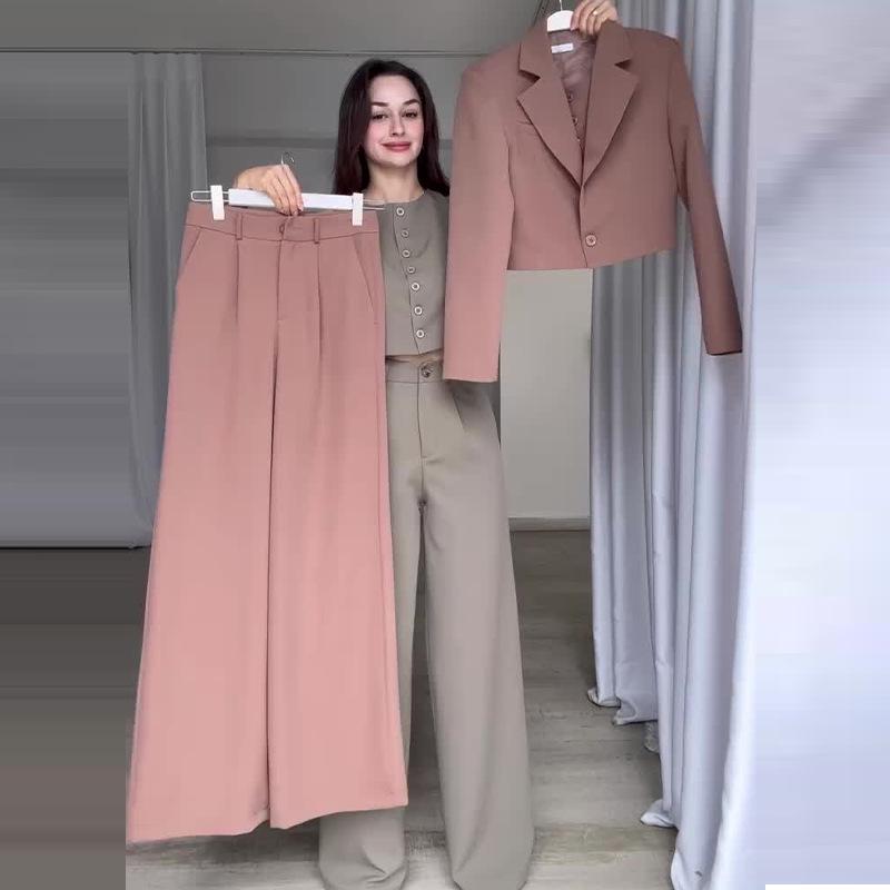 2024 Autumn Women's Solid Color Two-Piece Set: Turn-Down Collar Top & High-Waisted Long Pants