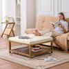 VEVOE Large Square Ottoman Coffee Table, 87.5 Cm Tufted Coffee Table with Solid Wood Shelf Storage, Linen Solid Upholstered Footrest Ottoman for