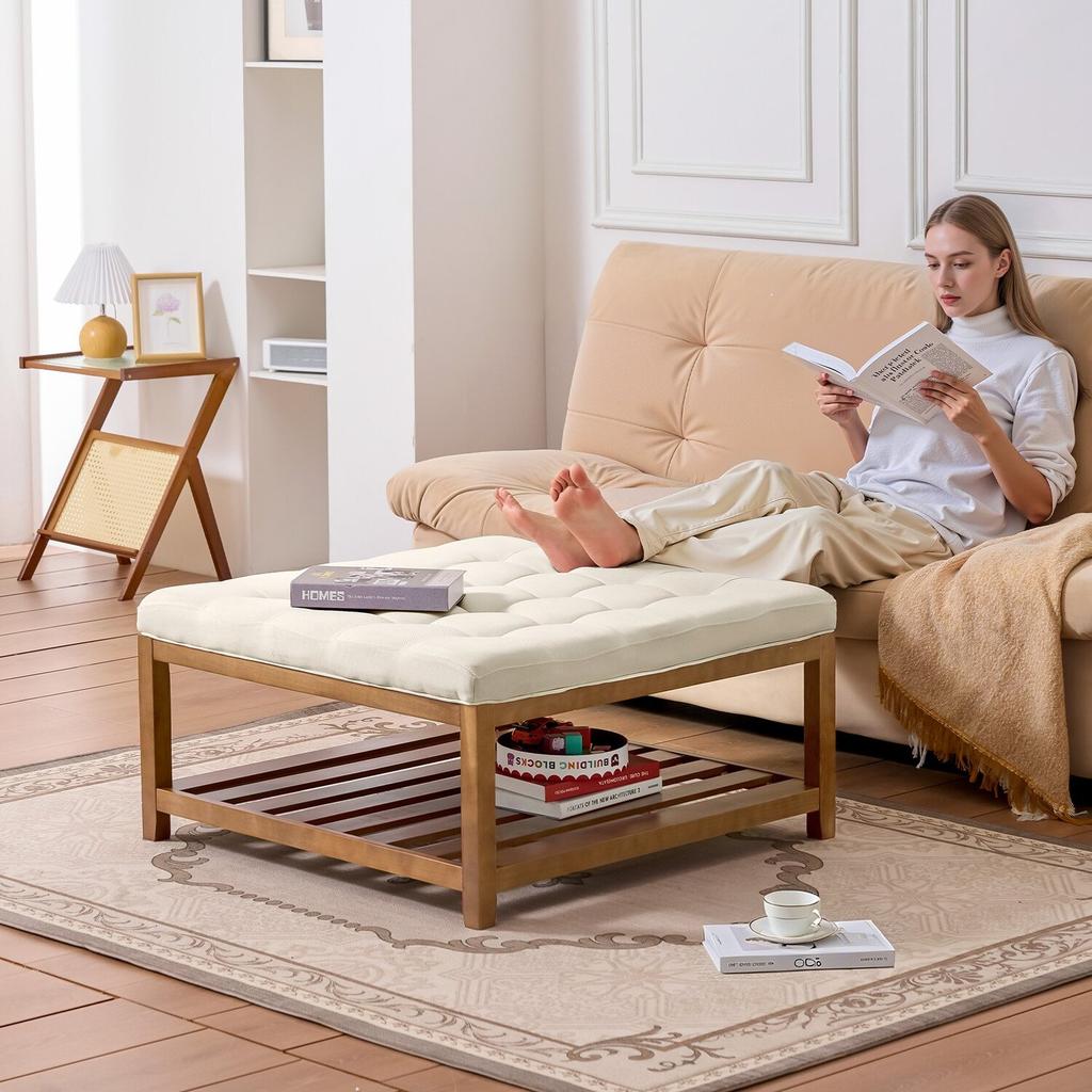 VEVOE Large Square Ottoman Coffee Table, 87.5 Cm Tufted Coffee Table with Solid Wood Shelf Storage, Linen Solid Upholstered Footrest Ottoman for