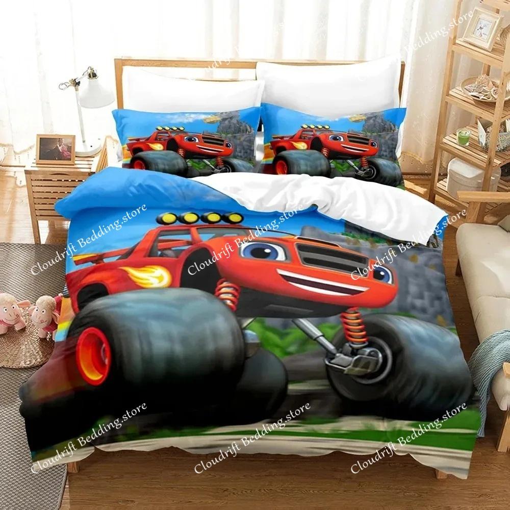 Set Letto Stampa 3D Blaze e le Mega Macchine Cartone Animato Copripiumino Matrimoniale Singolo Piazza e Mezza King Adulti Ragazzi Biancheria da Letto Copripiumino