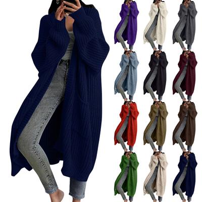 Damen Einfarbig Langärmelig Knielang Gestrickte Strickjacke, Lässiger Trend, Mittellange Haarjacke