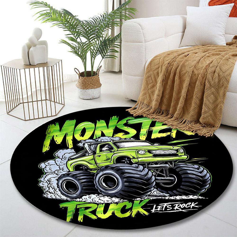 Green Monster Truck Adventure Print round rug, living room, bedroom, playroom carpet, non slip floor mat, gift