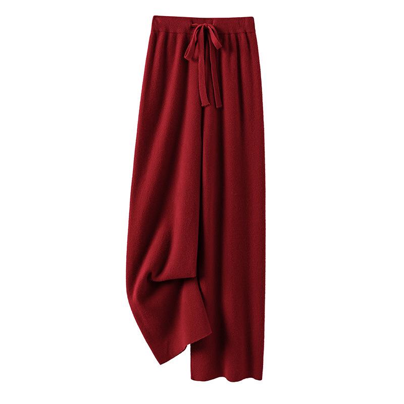 100% Pure Wool Red Elastic Waist Wide-Leg Pants for Autumn/Winter