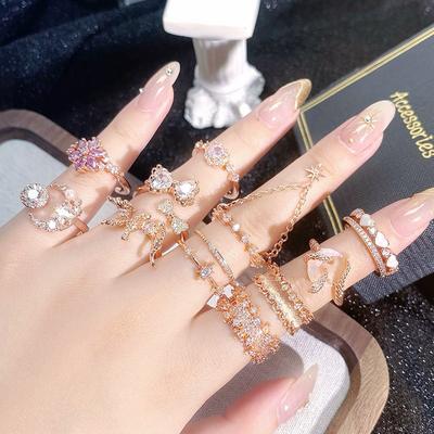 Vintage Rose Gold Full Of Diamonds Zircon Super Fairy Open Ring Creative Fashion Ring Geometric Gold Suit Women