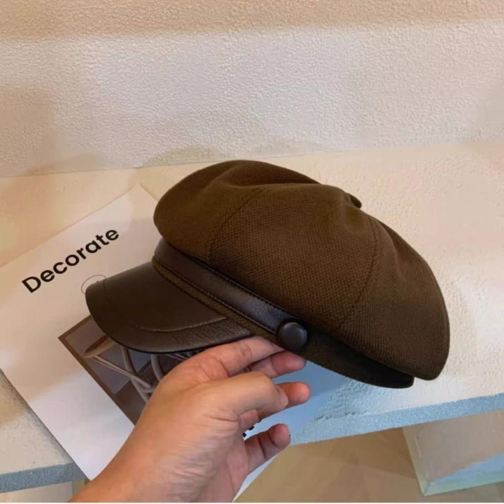 Korean Style Pu Leather Beret British Style Painter Hat Fashion Wool Octagonal Hat  Girl