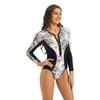 European and American new printed splicing long-sleeved zipper one-piece briefs tight sports surf suit swimsuit