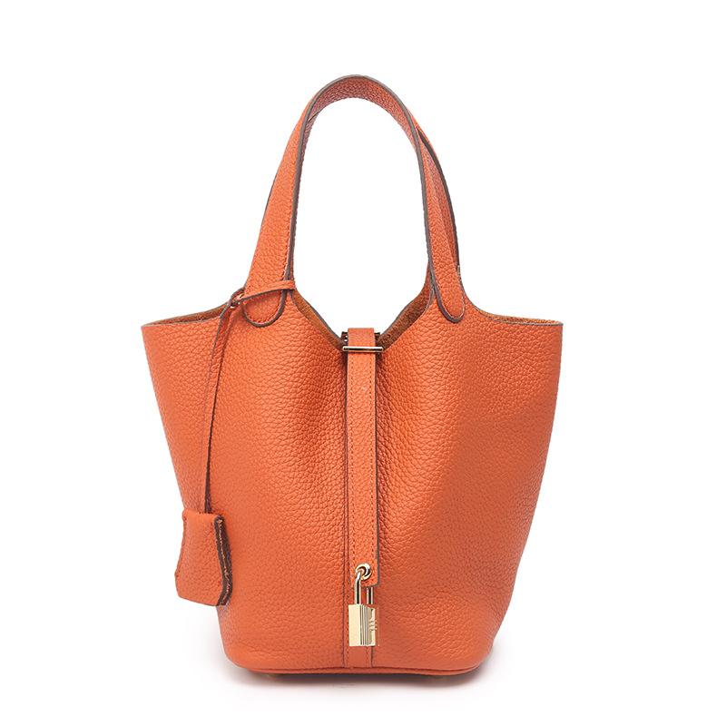 Genuine Leather Large-capacity Vegetable Basket Women's Bag High-quality and Exquisite Lychee Pattern Hand-held Bucket Bag