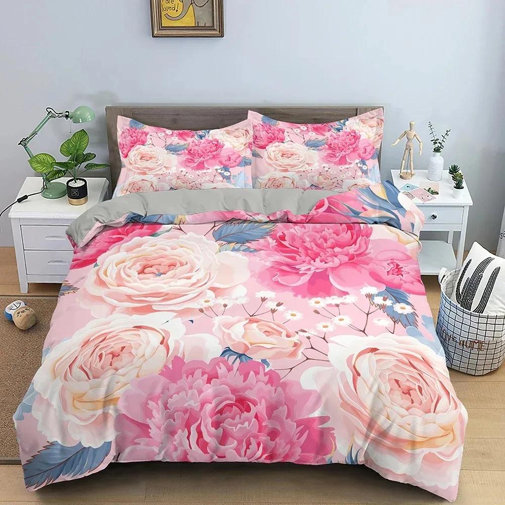 Comforter 3D Rose Flower Queen King Double Bedding Set 3Pcs With Zipper Closure King Size Polyester