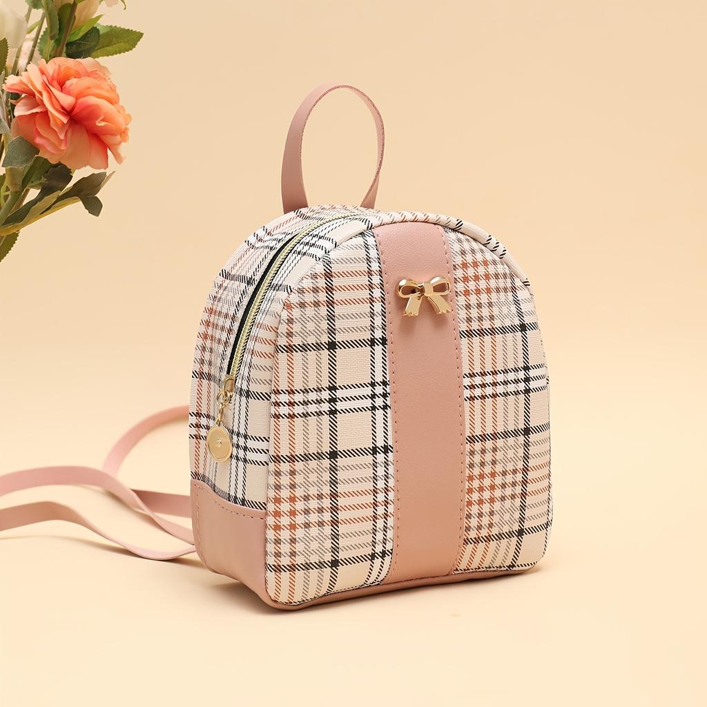 Women'S Fashion Backpack, Plaid Color-Block Small Backpack, Fresh Style Bow Casual Bag