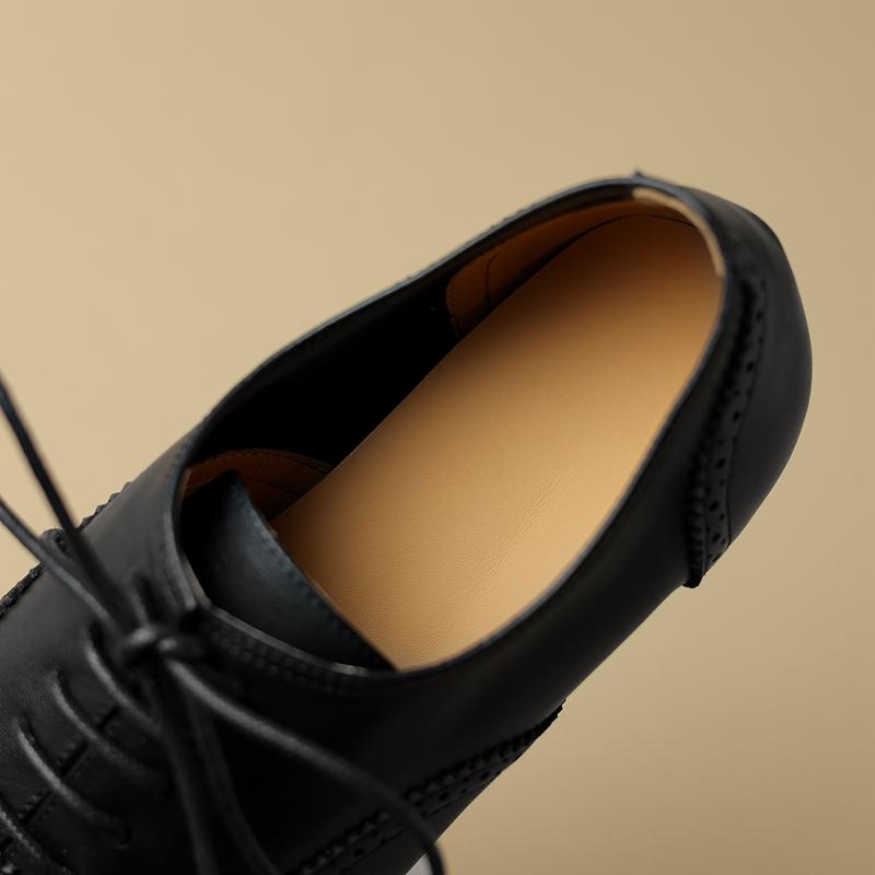 Fashion Women's New Spring and Autumn Square Headed Genuine Leather Carved Lace Up Customized Large Low Heel Blake Single Shoes