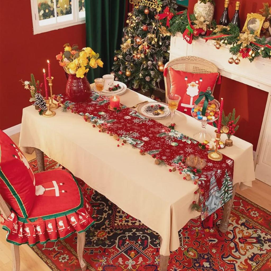 Christmas Tree Gnomes Snowflake Linen Table Runner Dresser Scarf Winter Xmas Kitchen Dining Table Runner Navidad Decoration