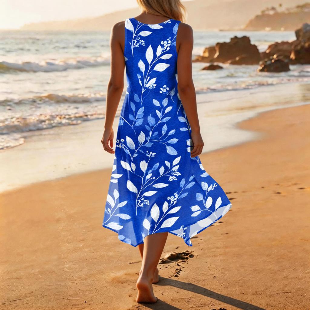 Women Casual Sleeveless Floral Print Dress Round Neck Irregular Hem Mid Length Summer Dress Lightweight Comfortable Fabric