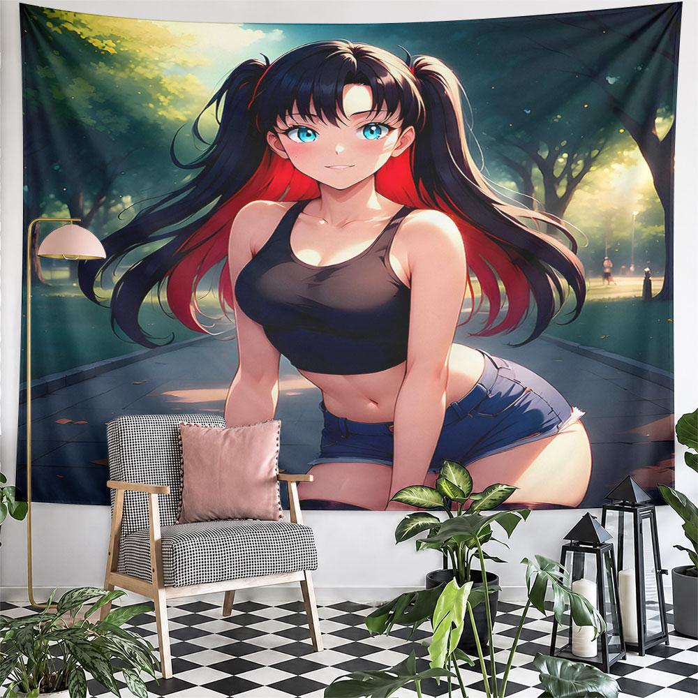 Anime Girl in Sunlit Park Background Pattern Wall Hanging Tapestry Decorative Tapestry Home Decor for Bedroom and Living Room