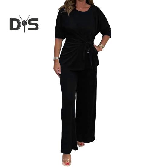 

Женский комплект из 2 предметов: топ и брюки, круглый вырез, длинные рукава, шнуровка, плиссированная блузка, эластичный пояс, широкие брюки, повседневный спортивный костюм на осень и весну XL чёрный