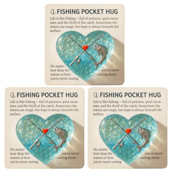 Fishing Lover Pocket Hug Sea Glass Heart Token with Fishing Rod Fish Design Inspirational