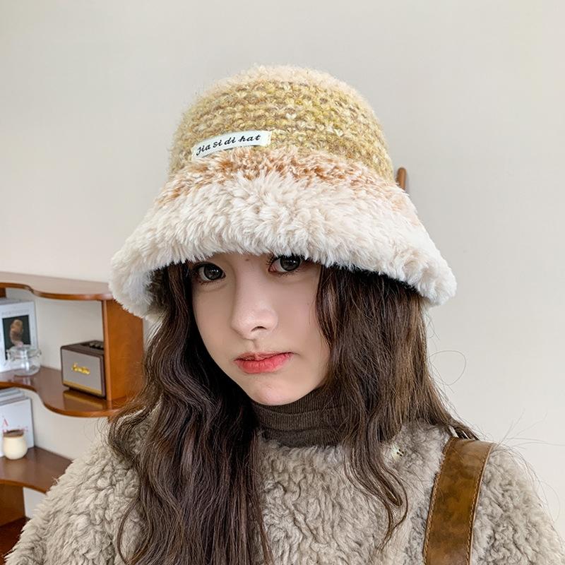 Women Autumn Winter Warm Thicken Ear Protector Hat Cold Velvet Knitted Fisherman Hats Sweet Cute Stripe Bucket Cap
