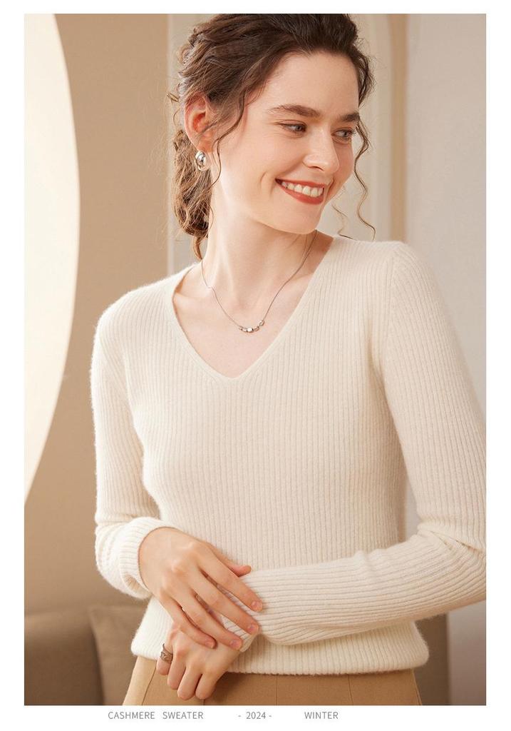 Women's V-Neck Cashmere Striped Slim Fit Long Sleeve Sweater - Warm Autumn/Winter Base Layer