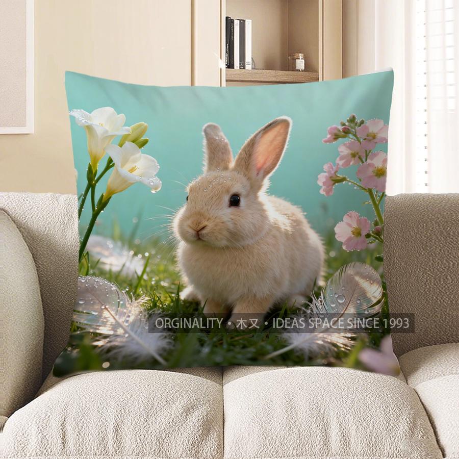 2D Cute Bunny With Flowers And Feathers Pillow Cover Pattern Cushion Cover Suitable For Sofa Bedroom Car Pillow Cover