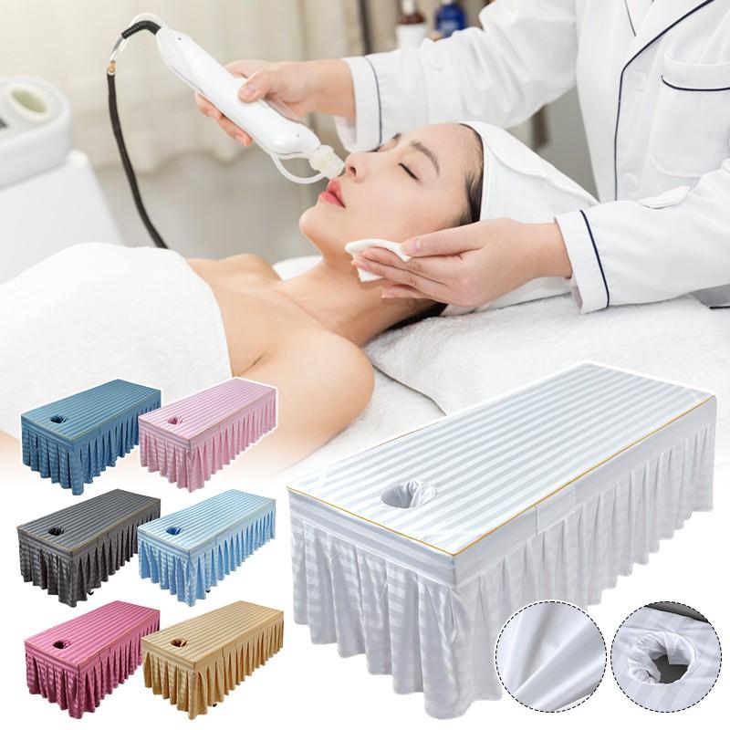 Pruhovaný potah na lehátko do kosmetického salonu s otvorem pro obličej Prodyšný potah na lehátko Napínací sukně na masážní stůl pro kosmetický salon Masážní SPA