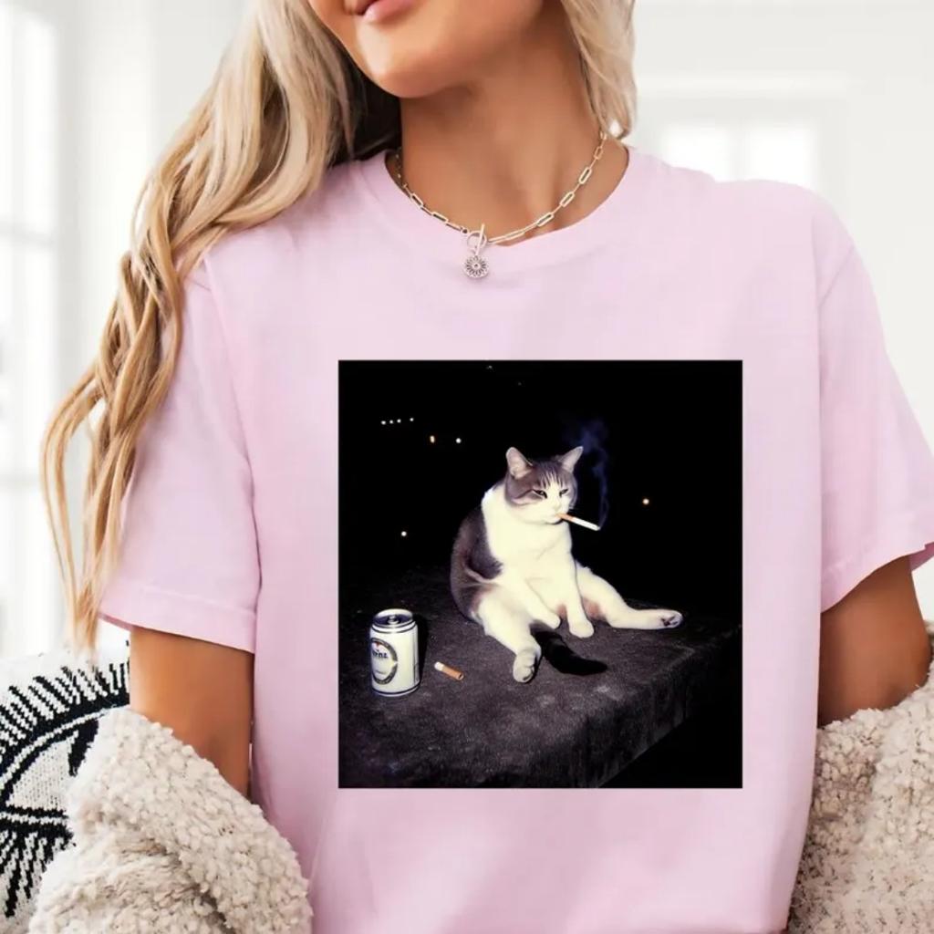 Funny Smoking Cat Meme Graphic Printed Tshirt Summer Fashion Leisure Versatile Womens YK TShirt Casual Clothing