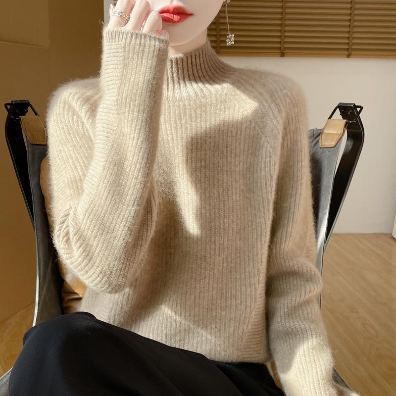 Autumn/Winter Women's High-Neck Wool Ribbed Knit Pullover