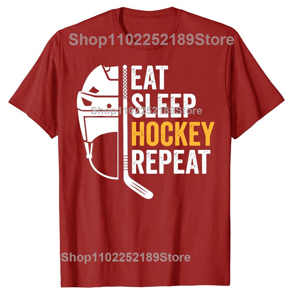 Funny Eat Sleep Hockey Repeat Graphic T-shirts Men Women's Fashion Casual Tshirt 100% Cotton Loose Ice Hockey Retro T Shirt