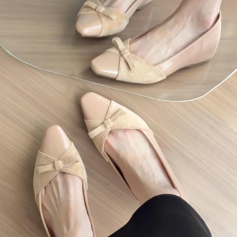 Inner height increase 5cm nude bow patent leather single shoes femininity one pedal commuter shoes soft sole Mary Jane women's shoes