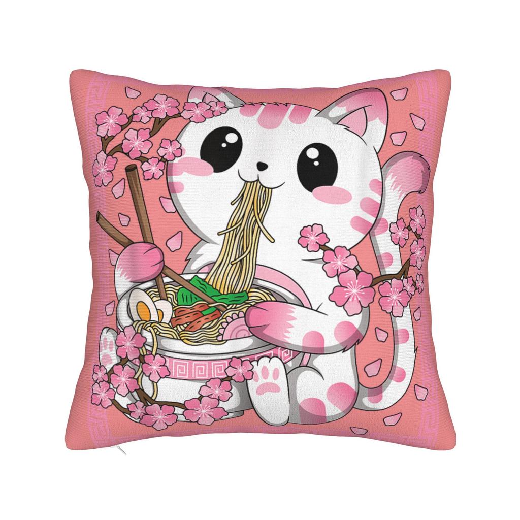 Funny Black Fat Cat Eating Ramen Pillowcases Kawaii Pillow Case For Sofa Couch Bed Living Room Design Pillow Cover