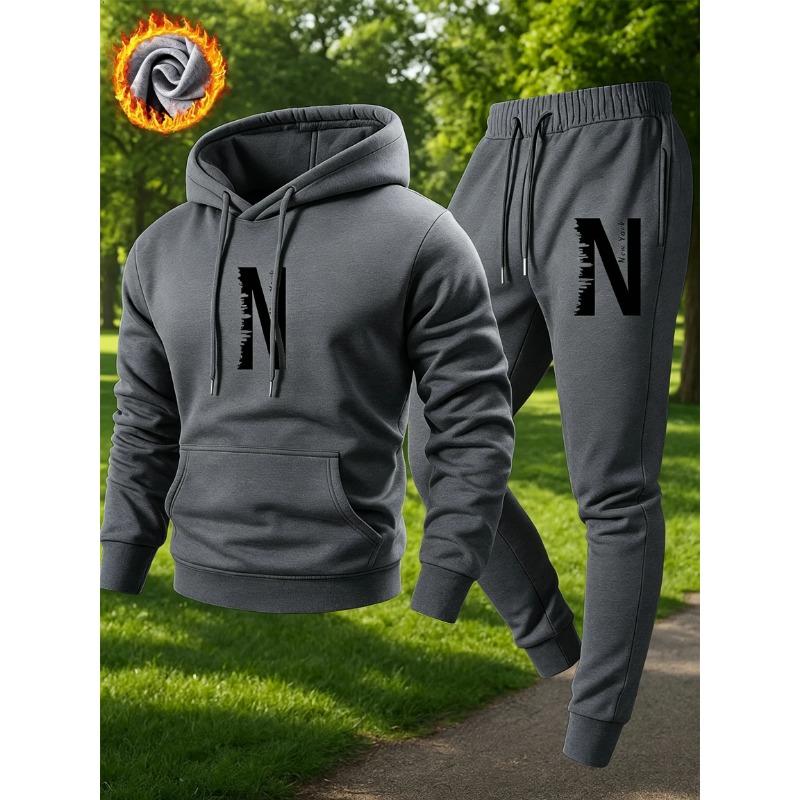 2026 N letter printed sportswear set men's hooded sweatshirt long pants set spring and autumn winter warm suit
