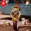 OLEVS Luxury Original Woman Round Watch Brown Small Leather Strap 3ATM Waterproof Date Elegant Quartz Ladies Wristwatch