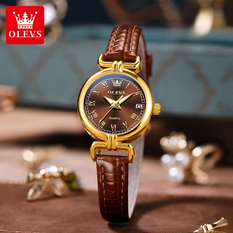OLEVS Luxury Original Woman Round Watch Brown Small Leather Strap 3ATM Waterproof Date Elegant Quartz Ladies Wristwatch